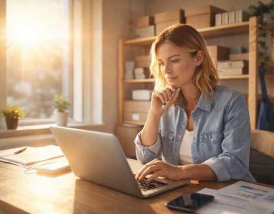 Właścicielka małej firmy pracująca przy laptopie w naturalnym świetle