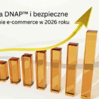 Technologia DNAP™ i bezpieczne pozycjonowanie e-commerce w 2026 roku – złoty wykres słupkowy z rosnącą strzałką.