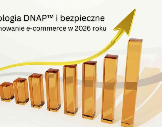 Technologia DNAP™ i bezpieczne pozycjonowanie e-commerce w 2026 roku – złoty wykres słupkowy z rosnącą strzałką.