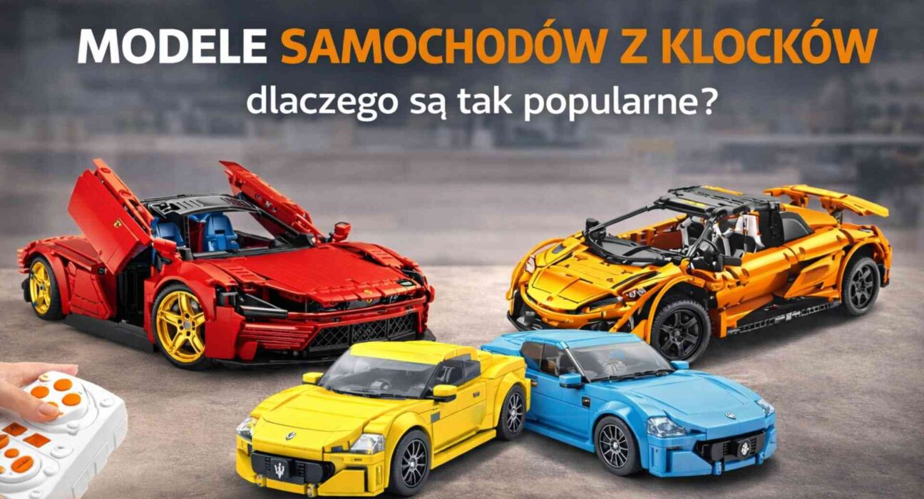 Modele samochodów z klocków – czerwone, pomarańczowe, żółte i niebieskie auta z pilotem