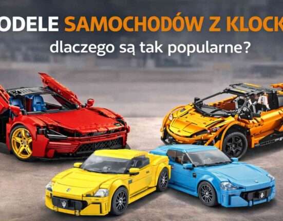 Modele samochodów z klocków – czerwone, pomarańczowe, żółte i niebieskie auta z pilotem