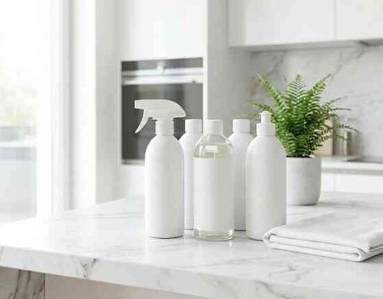 Elegancki Zestaw Środków Czystości W Estetycznych Opakowaniach Ułożony Na Marmurowym Blacie W Nowoczesnej Kuchni.