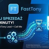 Nowoczesna grafika okładkowa w odcieniach błękitu i granatu dla FastTony Lead + Call Me. Po lewej logo FT i napis FastTony. Poniżej napis 'ZAMKNIJ SPRZEDAŻ W MINUTY!' i 'Integracja FastTony Lead + Call Me'. Grafika pokazuje przepływ danych: ikona 'Lead Ads' (formularz i telefon), obracające się zębatki, ikona klepsydry oraz pulsowanie danych w kierunku smartfona z Androidem po prawej. Na ekranie smartfona alert 'NOWY LEAD: ADAM KOWALSKI' i duży niebieski przycisk 'ZADZWOŃ TERAZ' z błyskawicą. Na dole mały napis 'Artykuł Sponsorowany' i 'Więcej o reklamach Meta Ads... na skleperia.eu'. Całość symbolizuje natychmiastowe dostarczenie danych i kontakt.
