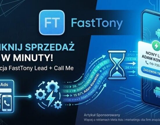 Nowoczesna grafika okładkowa w odcieniach błękitu i granatu dla FastTony Lead + Call Me. Po lewej logo FT i napis FastTony. Poniżej napis 'ZAMKNIJ SPRZEDAŻ W MINUTY!' i 'Integracja FastTony Lead + Call Me'. Grafika pokazuje przepływ danych: ikona 'Lead Ads' (formularz i telefon), obracające się zębatki, ikona klepsydry oraz pulsowanie danych w kierunku smartfona z Androidem po prawej. Na ekranie smartfona alert 'NOWY LEAD: ADAM KOWALSKI' i duży niebieski przycisk 'ZADZWOŃ TERAZ' z błyskawicą. Na dole mały napis 'Artykuł Sponsorowany' i 'Więcej o reklamach Meta Ads... na skleperia.eu'. Całość symbolizuje natychmiastowe dostarczenie danych i kontakt.