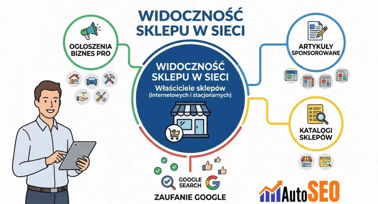 Infografika AutoSEO.pl pokazująca jak artykuły sponsorowane, katalogi i ogłoszenia Biznes Pro budują zaufanie Google i widoczność dla sklepów.