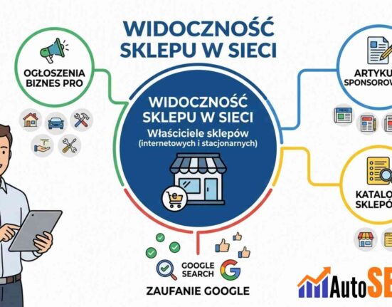 Infografika AutoSEO.pl pokazująca jak artykuły sponsorowane, katalogi i ogłoszenia Biznes Pro budują zaufanie Google i widoczność dla sklepów.