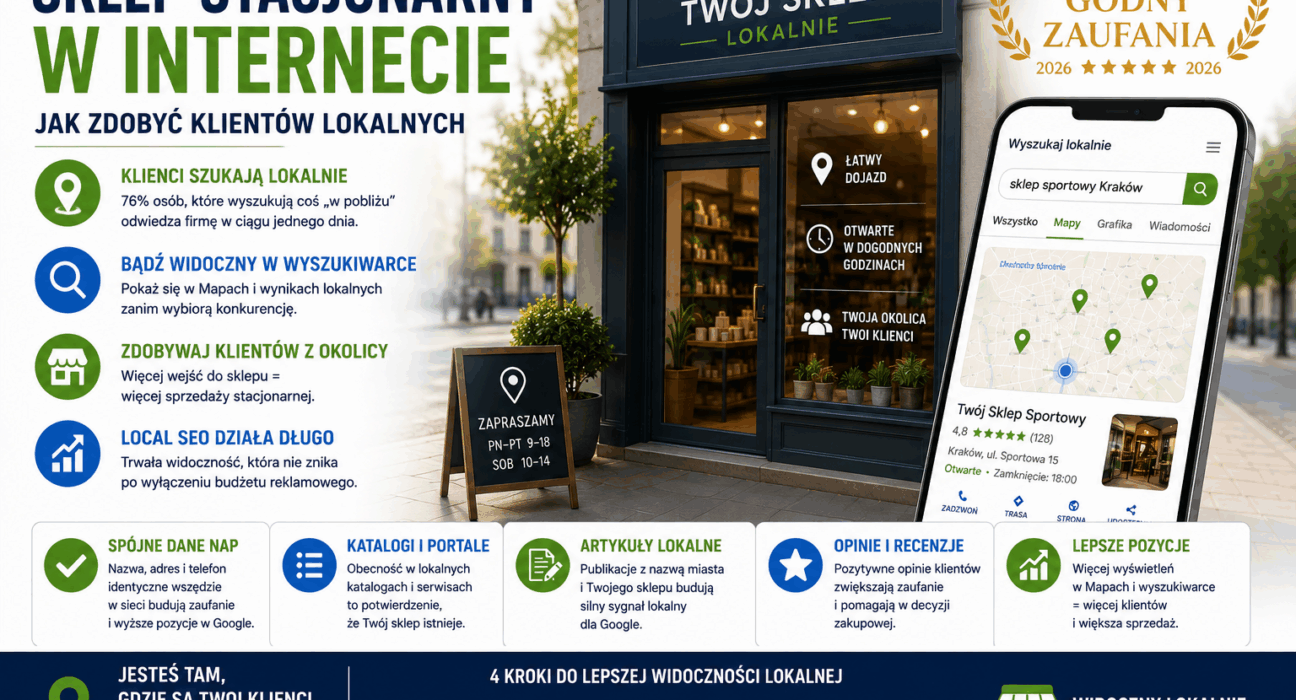 Grafika promująca lokalne SEO dla sklepów stacjonarnych przedstawiająca nowoczesny sklep widoczny w Google i Mapach Google, smartfon z lokalnymi wynikami wyszukiwania oraz znak „Sklep Godny Zaufania”.
