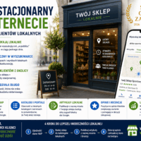 Grafika promująca lokalne SEO dla sklepów stacjonarnych przedstawiająca nowoczesny sklep widoczny w Google i Mapach Google, smartfon z lokalnymi wynikami wyszukiwania oraz znak „Sklep Godny Zaufania”.