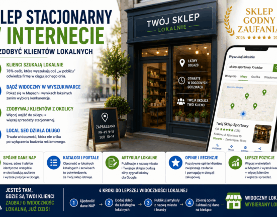 Grafika promująca lokalne SEO dla sklepów stacjonarnych przedstawiająca nowoczesny sklep widoczny w Google i Mapach Google, smartfon z lokalnymi wynikami wyszukiwania oraz znak „Sklep Godny Zaufania”.