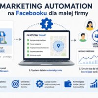 Infografika przedstawiająca proces marketing automation na Facebooku dla małej firmy. Schemat pokazuje publikację posta z „Magicznym Słowem”, automatyczne uruchomienie kampanii przez system oraz dotarcie do lokalnych klientów. Grafika zawiera ikony związane z reklamą, automatyzacją, oszczędnością czasu i wzrostem sprzedaży.