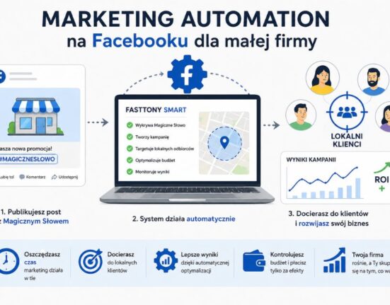 Infografika przedstawiająca proces marketing automation na Facebooku dla małej firmy. Schemat pokazuje publikację posta z „Magicznym Słowem”, automatyczne uruchomienie kampanii przez system oraz dotarcie do lokalnych klientów. Grafika zawiera ikony związane z reklamą, automatyzacją, oszczędnością czasu i wzrostem sprzedaży.