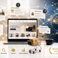 Sklep internetowy połączony z artykułami branżowymi, katalogami sklepów, opiniami klientów i wzmiankami o marce. Grafika przedstawia, jak sztuczna inteligencja rozpoznaje i rekomenduje sklepy na podstawie informacji dostępnych w internecie.